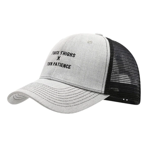 Two-tone trucker hat with gray front, black mesh, and Thick Thighs Thin Patience print