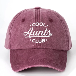 Vintage washed burgundy baseball cap featuring Cool Aunts Club embroidery in retro style