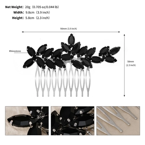 Detail view of black rhinestone leaf hair comb with dimensions and 20g weight specs