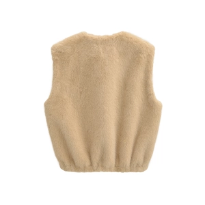Women's trendy khaki faux fur vest with a zipper closure and plush texture