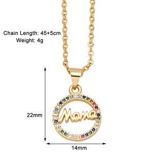Detail view of Mama pendant with colorful zircons and 22mm by 14mm size measurement