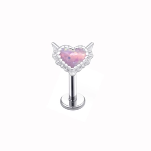 Pink heart-shaped opal labret stud with wings on a silver stainless steel base