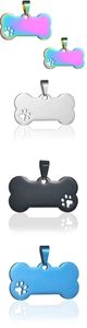 Detail view of bone-shaped stainless steel pet tags in multiple colors with hollow paw prints