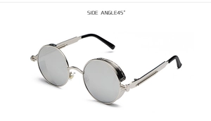 Side view of retro steampunk sunglasses featuring silver mirror lenses and side shields