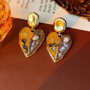 Heart Dangle Earrings With 925 Sterling Silver Earring Post Alloy Resin Imitation Artificial Pearl Shell Vintage Asymmetric Women