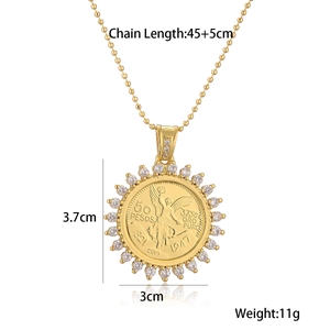 Detail shot of 18K gold plated coin pendant showing dimensions 3.7x3cm and 45+5cm chain