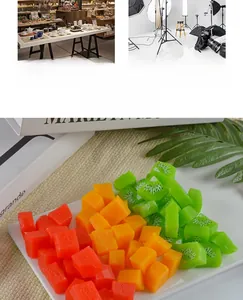 Macro detail of realistic artificial watermelon mango and kiwi cubes for food photography