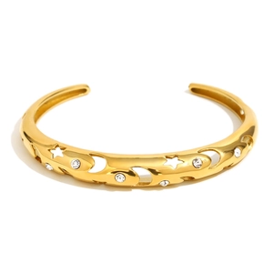 18K gold-plated stainless steel star and moon cutout bangle with sparkling rhinestones