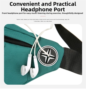 Close-up of green oxford waist bag with mesh texture and built-in headphone port detail