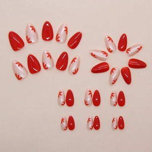 Red flower almond press-on nails set with 24 pieces of glossy white and red almond tips