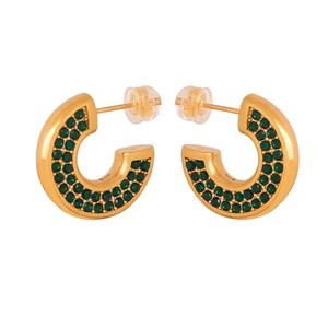 Vintage U-Shaped Titanium Steel Earrings Pave Green White Rhinestone Gold Silver Geometric Hoop Earrings For Women Luxury Jewelry