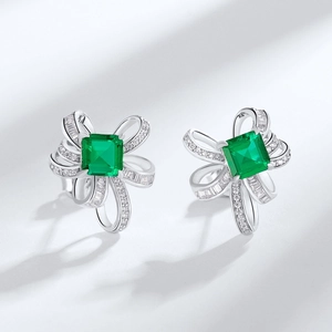 Elegant S925 silver bow earrings with a square emerald green gemstone and cubic zirconia