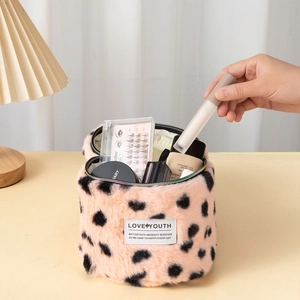 Pink leopard plush makeup bag cylindrical travel organizer for cosmetics with handle
