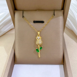 Rose Pendant Necklace Stainless Steel Chain Copper With White And Green Zircon Elegant Luxury Style For Women