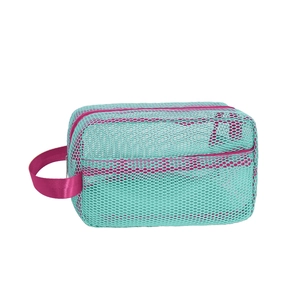 Mesh beach toy storage bag in mint green and rose red with a wide carry handle