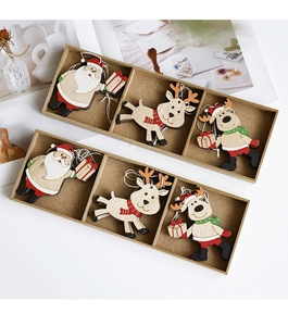 Kersthouten ornamentenset met kerstman en rendier in houten display trays