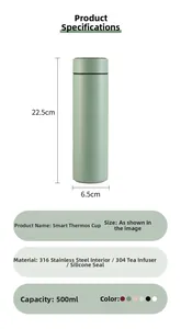 Detail view of 500ml smart thermal mug with measurements 22.5x6.5cm and mint green finish