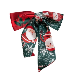 Christmas narrow silk scarf with red and green Santa Claus and snowflake pattern