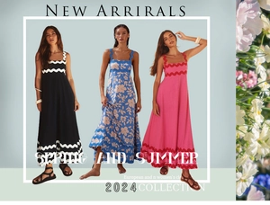 Detail view of maxi dresses with square necklines and wavy trim in various floral prints