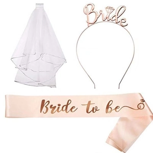 Rose gold Bride headband, white veil, and Bride to be sash set for wedding party