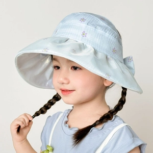 Girls light blue wide brim sun hat with floral print and bow for outdoor UV protection