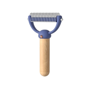 Double-sided pet de-shedding rake with beech wood handle and stainless steel blades