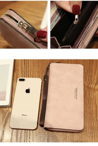 Pink pebbled leather long wallet showing interior card slots and size comparison with phone