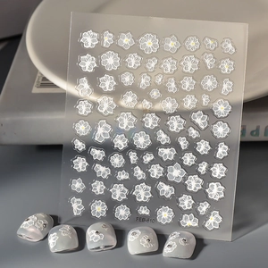 White Flower Nail Art Stickers 5D Relief Embossed Self Adhesive Waterproof Floral Decals Women DIY Manicure Decoration