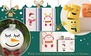 Christmas snowman face stickers applied on doors, mugs and fridges for festive decor