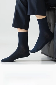 Close-up of navy blue breathable mesh socks with elastic ribbed cuffs on a model