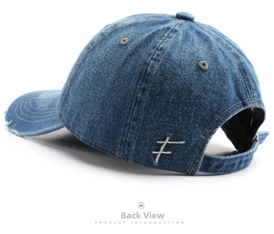 Rear view of washed denim baseball cap with white embroidery and adjustable back strap
