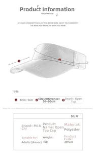 Detailed size chart of a cream outdoor sun visor showing 9cm brim and adjustable strap