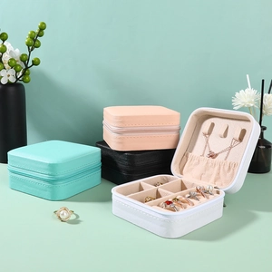 Portable PU leather jewelry organizer case with zippers for rings and necklaces in 4 colors