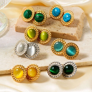 Vintage Round Stud Earrings Stainless Steel With Copper Earring Post Inlaid Stone Retro Braided Texture Elegant For Women
