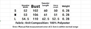 Size chart for striped POLO collar knit sweater with measurements for S, M, and L sizes