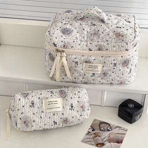 Blue striped quilted bear cosmetic bag set with large toiletry pouch and small zip case