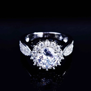 Macro shot of silver ring featuring halo-set round zircon and pave-set band details