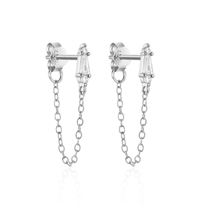 Detail of S925 sterling silver stamp on earring with clear cubic zirconia and chain