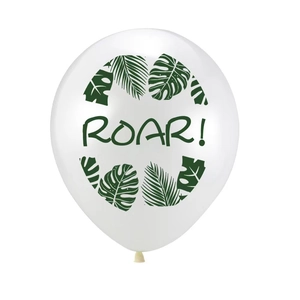 White latex dinosaur theme balloon with green tropical leaves and Roar text design