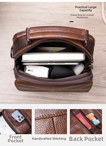Detailed macro view of litchi grain leather texture and handmade stitching on the messenger bag