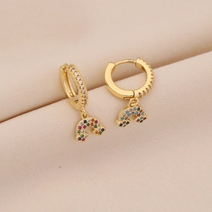 Gold-tone hoop earrings with rainbow charms and sparkling colorful zircon stones