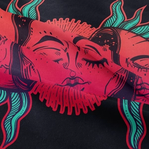 Detailed macro shot of bohemian sun tapestry fabric with soft texture and vivid colors