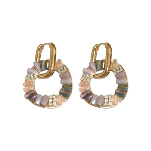 Elegant gold geometric earrings with multi-colored beads and sparkling rhinestones