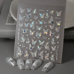 Holographic 5D Relief Butterfly Nail Art Stickers Laser Aurora White Flower Decals For Women DIY Manicure Decoration