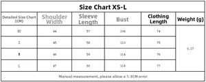 Size chart for bow-tie blouse showing shoulder, sleeve, bust, and length in CM for XS to L