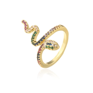 Snake wrap open ring in gold finish with multi-color micro-pave cubic zirconia crystals