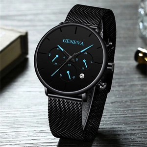 Detailed shot of Geneva black mesh strap watch with blue hands and date window