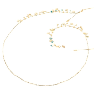 Golden chain for glasses featuring small metal shells and blue beads on white background