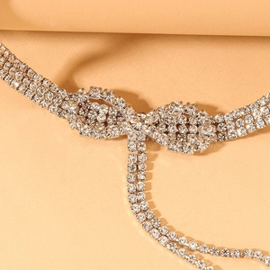 Elegant silver bow rhinestone choker necklace with sparkling fringe tassels for women