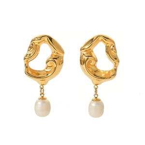 Vintage 18K gold plated irregular lava earrings with white freshwater pearl drops